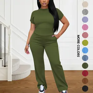 Women's All-Season Ribbed Knit Set - Thin Lightweight Fabric, Crew Neck Short Sleeve Tee & Wide Leg Pants with Pockets, Comfy for Loungewear, WFH & Weekend Casual