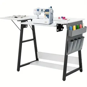 Folding Multipurpose Sewing Table, Hobby and Sewing Machine Table with Adjustable Shelf and Side Pocket- Can Also Be Used as Computer Desk, White