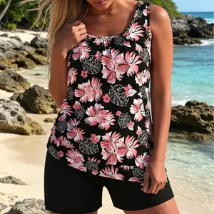 Tankini Swimsuits Set - Tropical Floral Print Tankini, Ideal for Beach, Pool Activities