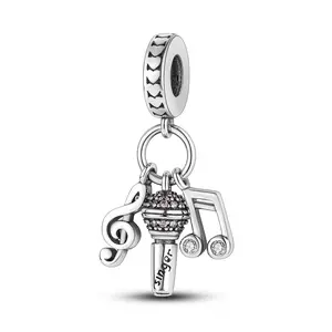 MULA Silver-Plated Music Motif Charm Pendant - Musical Note & Microphone Design with Shiny Zircons, Unisex Casual Daily Wear Accessory, Elegant Gift for Music Lovers, Compatible with Bracelets & Necklaces