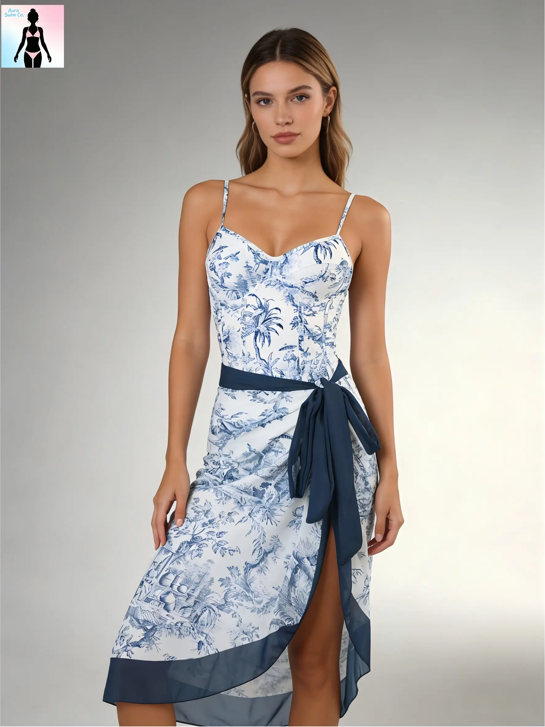 Women's 2-Piece Swimsuit Set: Underwire Corset Monokini with Shaping Seams & Tie-Side Mesh Skirt | Retro Porcelain Print Resort Wear