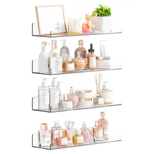 4 Pack Acrylic Shelves for Wall, 15" Clear Acrylic Floating Shelves for Bathroom Bedroom, Invisible Bookshelf Wall Ledge Storage Shelf Books Perfume Toys Action Figure Display Shelves