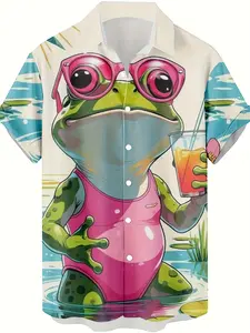Frog Print Tropical Hawaiian Shirt, Men'S Collared Casual Short-Sleeve Shirt