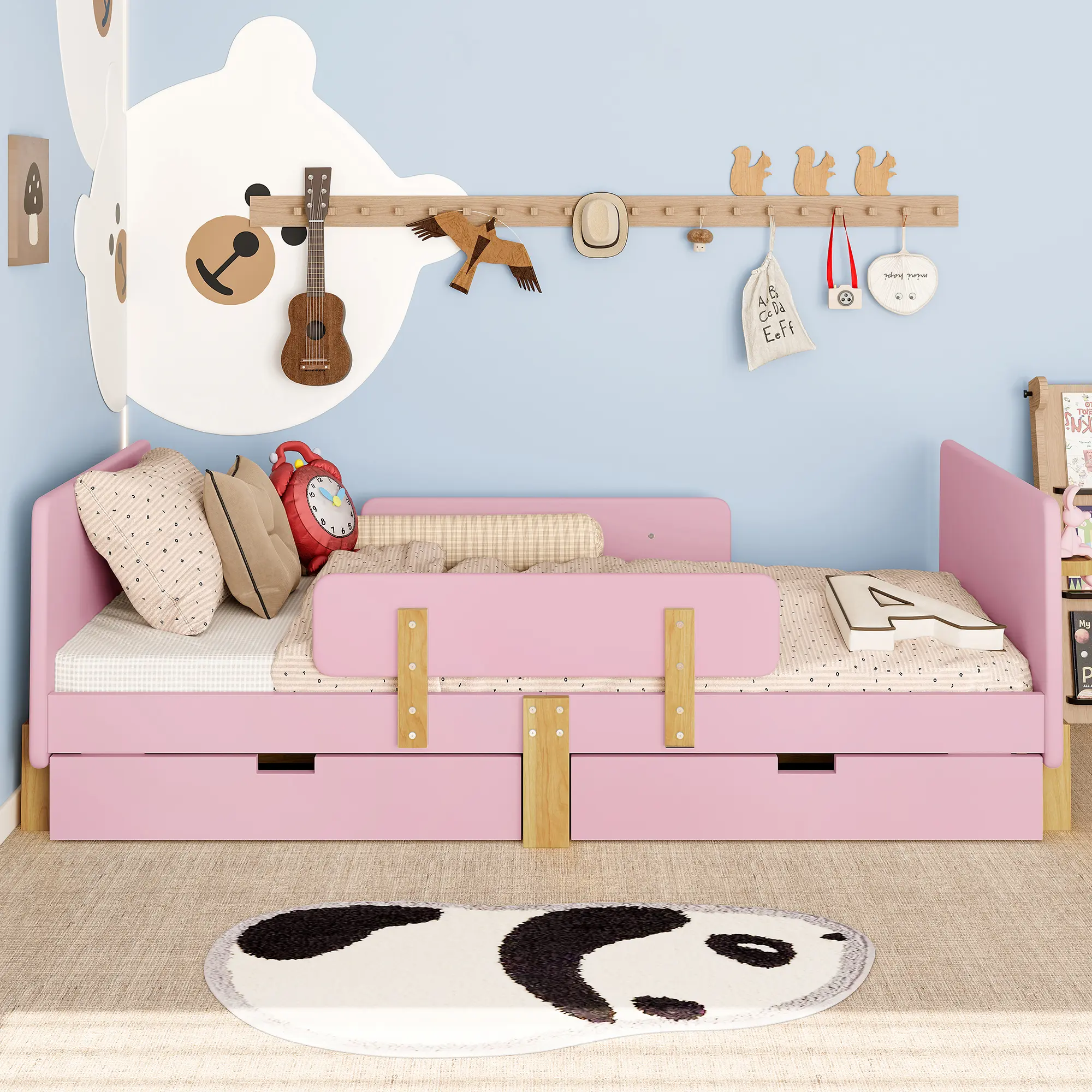 Classic Rectangular Twin Size Kids Bed Frame (78.74in x 42.52in x 23.23in) - Durable MDF + Plywood + Pine Wood Build, Storage Drawers, Guardrails, Small Shelf, Hooks, Compartments, Smooth Finish, Space-Saving, No Mattress Required