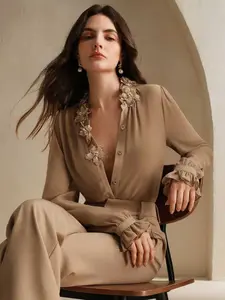 Elegant Sequined Beaded Women's Blouse Button Up Shirt Top, Chic, Long Sleeve, Slim-Fitting Plain Design, All Seasons Wear, Fashionable Ladies' Clothing