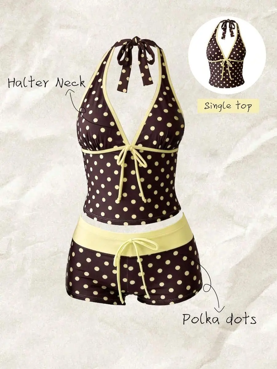 YESS Women's Halter Neck Sleeveless Polka Dot Tankini Top With Matching Short Bottom Set