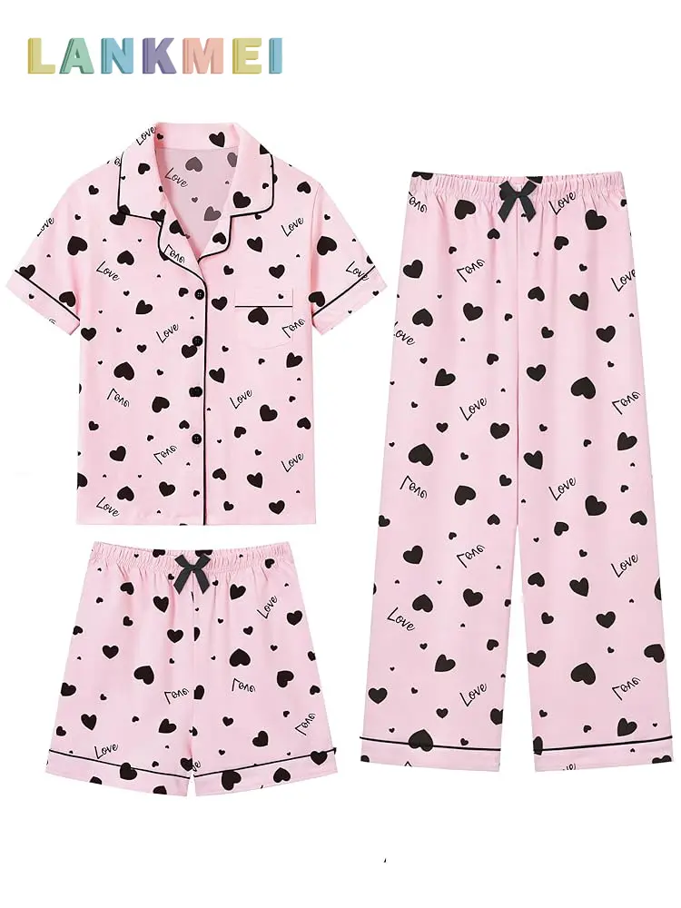 LANKMEI Girls' 100% Cotton 3-Piece Short Sleeve Pajama Set - 5-14 Years, Skin-Friendly, Breathable, Elastic Waistband, Machine Washable, Kids' Sleepwear & Loungewear for Sleeping, Pajama Parties