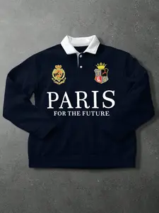 Men's Navy Color Block Collar Long Sleeve Polo Shirt, Casual Graphic Print for All Seasons, Trendy Street Style and Outdoor Wear