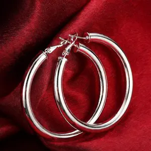 925 Sterling Silver Plated Chunky Hoop Earrings For Women, Minimalist and Chic,Hypoallergenic, Lightweight Round Hoops Earrings Hypoallergenic, Size: 50MM,