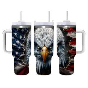 40oz American Flag Bald Eagle Patriotic Design Stainless Steel Tumbler， Tumbler with Handle and Straw Double Wall Vacuum Insulated Travel Mug， Coffee Cups With Lids， Perfect Gifts For Birthday Holidays