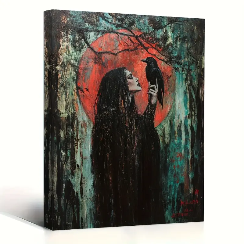 1 Piece Morrigan Goddess Witchcraft Vintage Oil Painting, Artistic Indoor Decoration, Wall Decor, Creative Design Print, Wooden Frame Canvas, Mysterious Crow and Moonlight Forest Scene, Ready-to-Hang for Home, Witchcraft Style, Textured Brushstrokes
