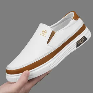 Men's fashionable one foot loafers - soft upper, non slip rubber sole, white with brown and gold accents, suitable for daily casual wear, vacation shoes | decorative stitching | synthetic shoes, formal shoes