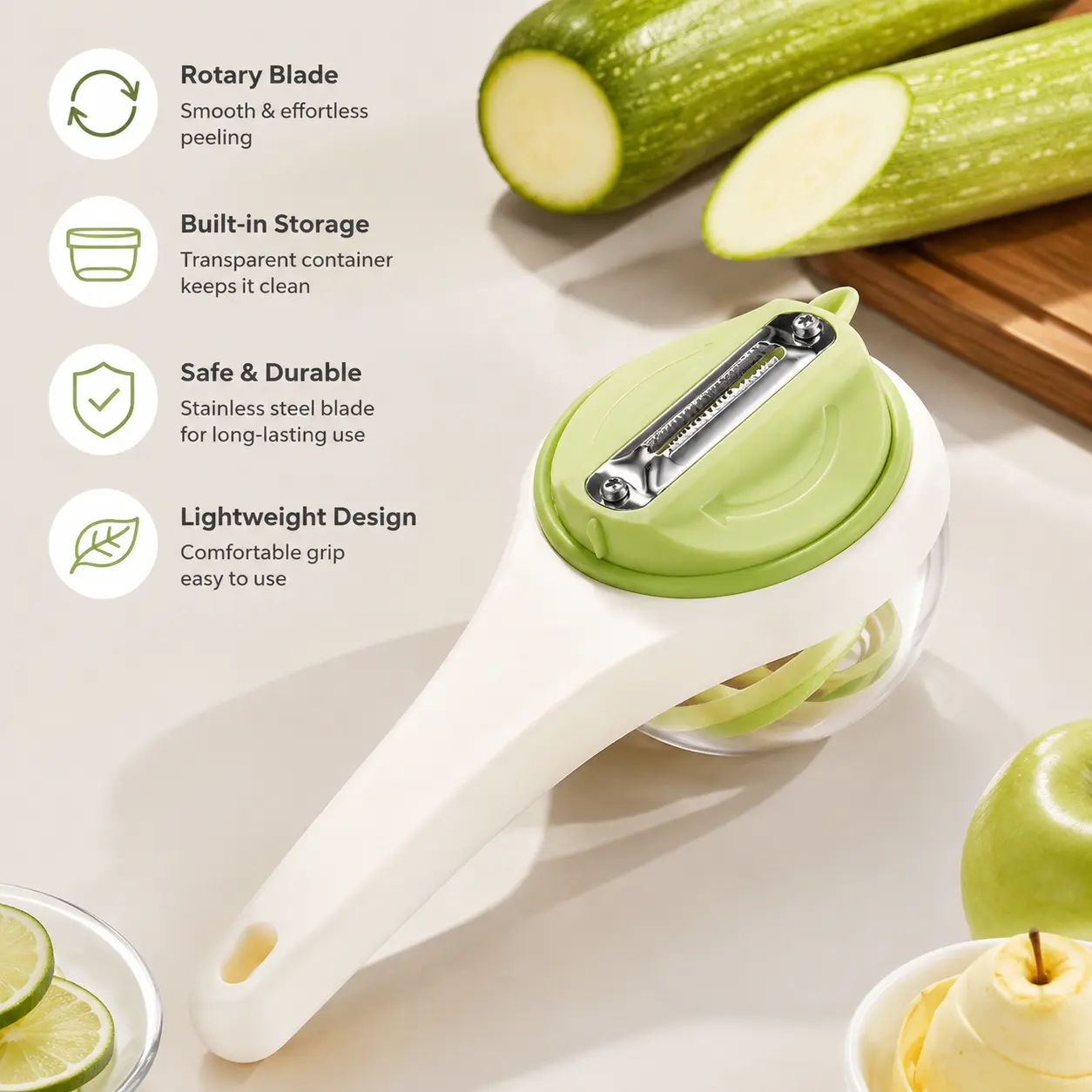 1 Count, Green Rotatable Vegetable and Fruit Peeler with Transparent Peel Storage Compartment, Handheld Kitchen Tool for Peeling Various Fruits and Vegetables