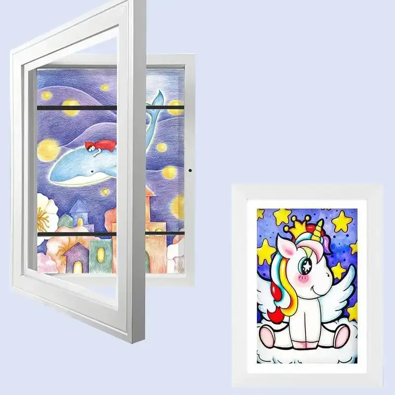 Magnetic Photo Frame 1 Pack Kids Art Display Swap Photo Flip Wrap Around Frame Wooden Wall Desktop Dual Use Creative Child Work Decoration, Wall Decor Gift