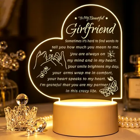 Heart-Shaped Acrylic LED Ambient Night Light - USB-Rechargeable Lighting, Modern Look Indoor Room Decor for Women, Cute Bedroom Desk Accent, Anniversary Gifts for Her, Birthday Gifts for GF Festive Decoration