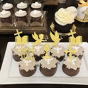 12-piece set, God bless cupcake decorations with glittering dove angel and holy cup cake toppers, God faith Christian baptism first communion theme youth shower birthday party cake decoration supplies