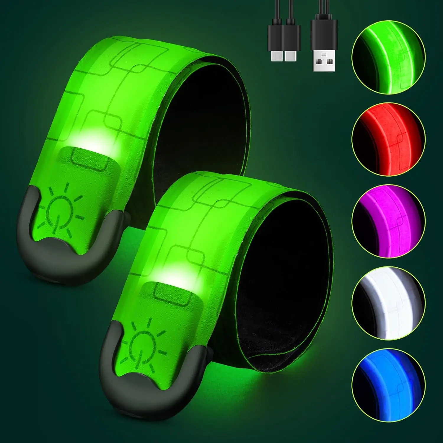 Unisex Rechargeable LED Fabric Armband 2-Pack, High Visibility Reflective Gear for Running/Cycling Night Safety, Light Up Wristbands Ideal Gift for Adults