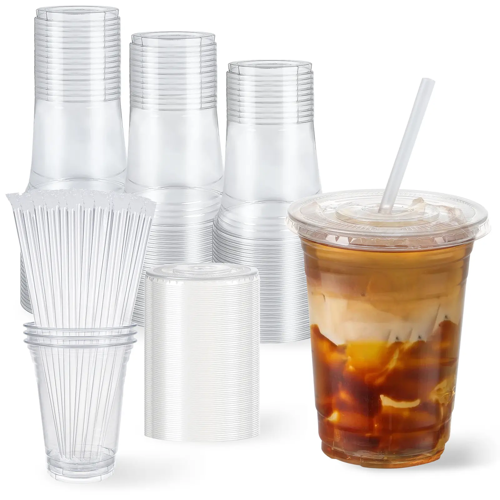50/100 Set 16 Oz Clear Plastic Cups With Lids And Straws Disposable PET Cups For Iced Coffee Cold Drinks Juice Parfait Smoothie Milkshake Party Supplies Birthdays Picnics summerwins