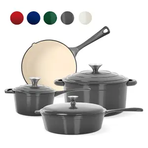 Kitchen Academy Grey Enamel Cast Iron 7 Piece Cookware Set, Dutch Oven Pot with Lid, Red Non Stick Pots and Pans set, Oven Safe up to 500°F Cooking