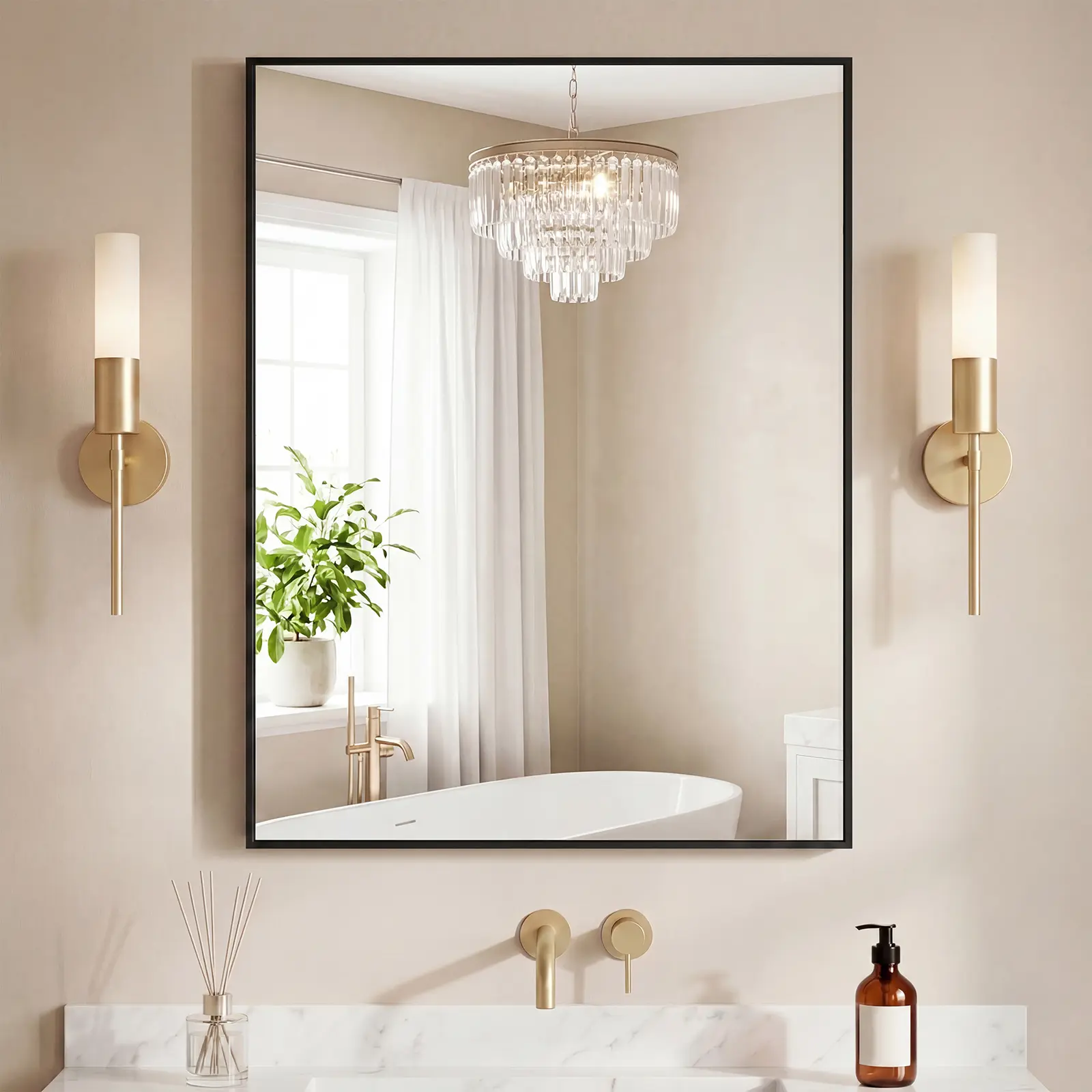 Modern Brushed Aluminum Metal-Framed Bathroom Mirror, HD High-Resolution Fogproof Wall-Mounted Mirror, Shatterproof Tempered Glass, Rust-Proof, Vertical/Horizontal Hanging for Vanity, Living Room, Mirrors, Fogproof Wall-Mounted Mirrors