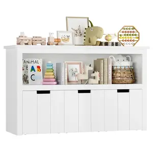 FOTOSOK White 3-Drawer Toy Storage Cabinet with Hidden Wheels & Large Open Bookhelf - Mobile Kids' Organizer for Playroom