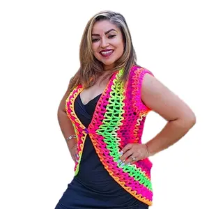 Neon Crochet Vest Size Large - Colorful Crocheted Waistcoat for Large Size Wearers