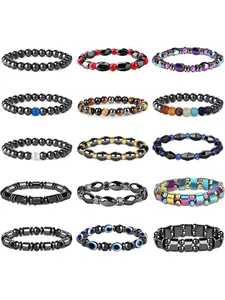 15 Pieces Hematite Bracelet for Men Women Bracelet Natural Stones Tiger Eye Bracelet Yoga Bracelet, Hematite, Beaded Bracelet