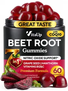VitaUp Beet Root Gummies 7 in 1 - Nitric Oxide Gummies with Beet Root, Grape Seed, Coq10, Vitamin C & B12 for Heart & Energy Support – 60 Count