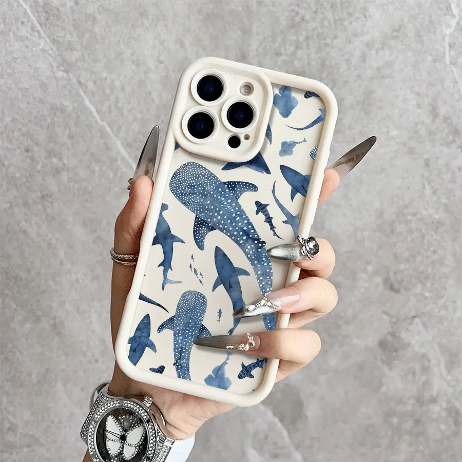 Shark & Whale Ocean Pattern Phone Case for iPhone 17/16 Pro Max 15 14 13 12 11 XR XS Plus E Soft TPU Shockproof Marine Life Aesthetic Cover Full Protection Casing