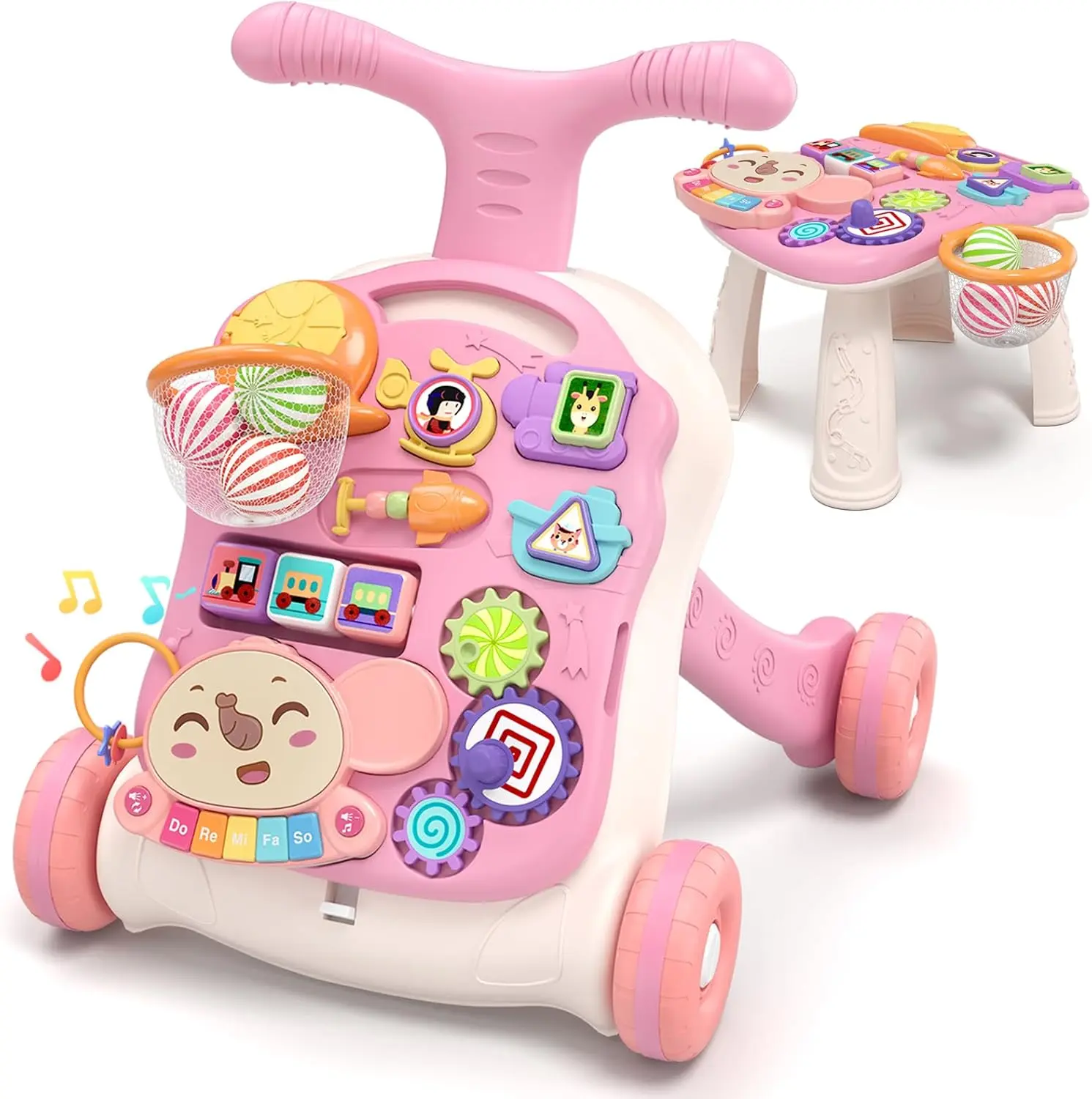 Summer Spring Gift  3 in 1 Baby Walker and Activity Center for Girl, Learning to Walk, Sit to Stand, Early Educational Push Toys with Music Panel for Infant Toddler 12+ Months Pink