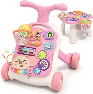 Summer Spring Gift  3 in 1 Baby Walker and Activity Center for Girl, Learning to Walk, Sit to Stand, Early Educational Push Toys with Music Panel for Infant Toddler 12+ Months Pink