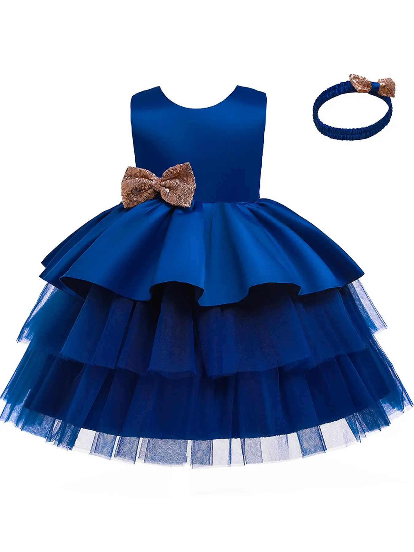 Girl's Contrast Sequin Bow Decor Fit and Flare Dress & Hair Band Set, Elegant Tiered Layer Sleeveless Party Dress Set for Performance Show Wedding Gue