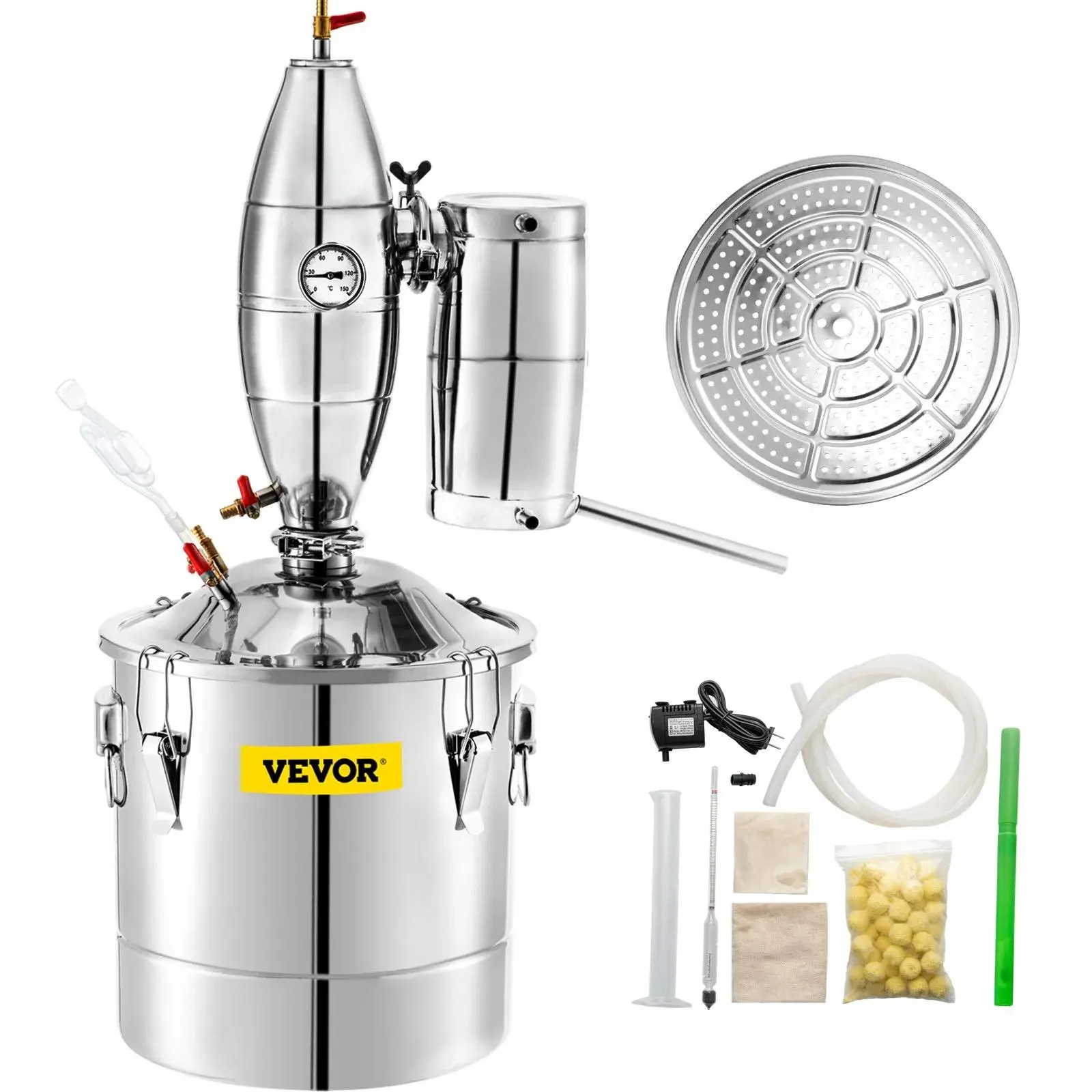 【Backtoschool】VEVOR 70L 18.5Gal Sturdy 304 Stainless Steel Water Alcohol Distiller Set with Thermometer, Filter, Ceramic Utensils - Home Wine Making Boiler for Whiskey, Brandy, Essential Oils, Silver