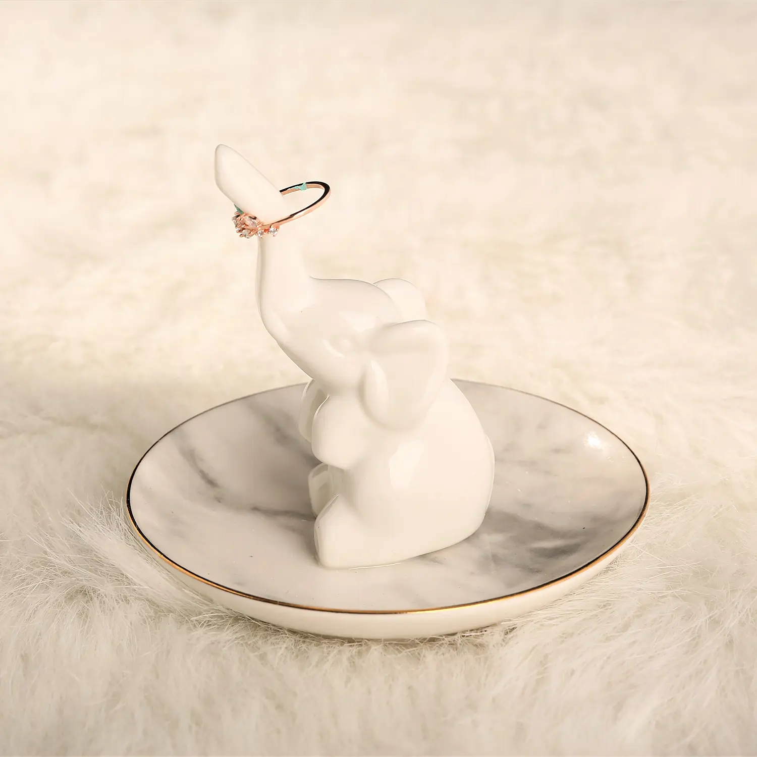 HOME SMILE White Ceramic Elephant Jewelry Ring Dish Organiser - Home/Kitchen Storage Holder, Gift for Women Girlfriend for Christmas Engagement Wedding