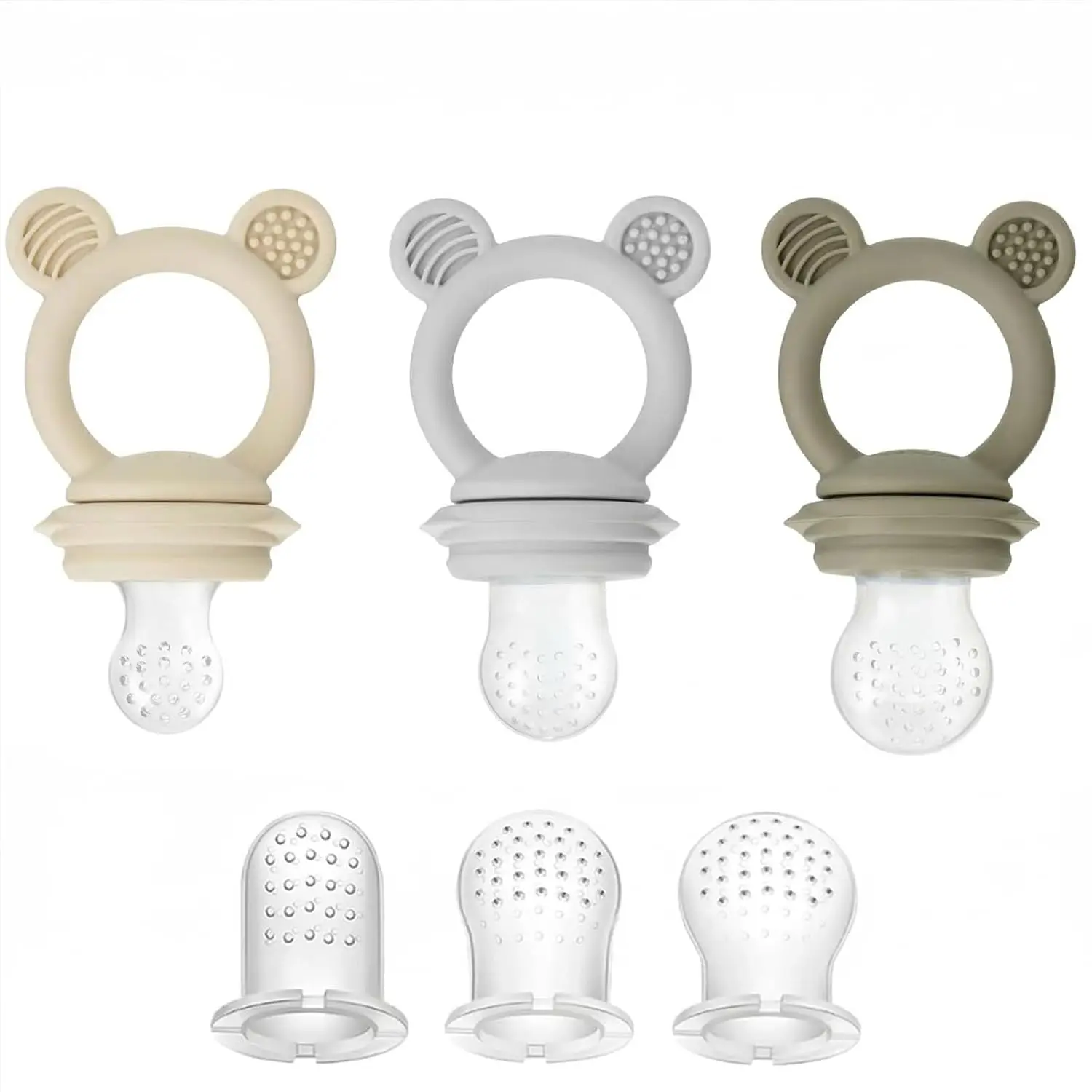 3 Pack Baby Fruit & Food Feeder Pacifier, Silicone Feeder Pacifier with 3 Sizes Pouches for Babies Toddlers Infants Kids, BPA-Free Food Grade Soft Safe (Tan/Grey/Brown)