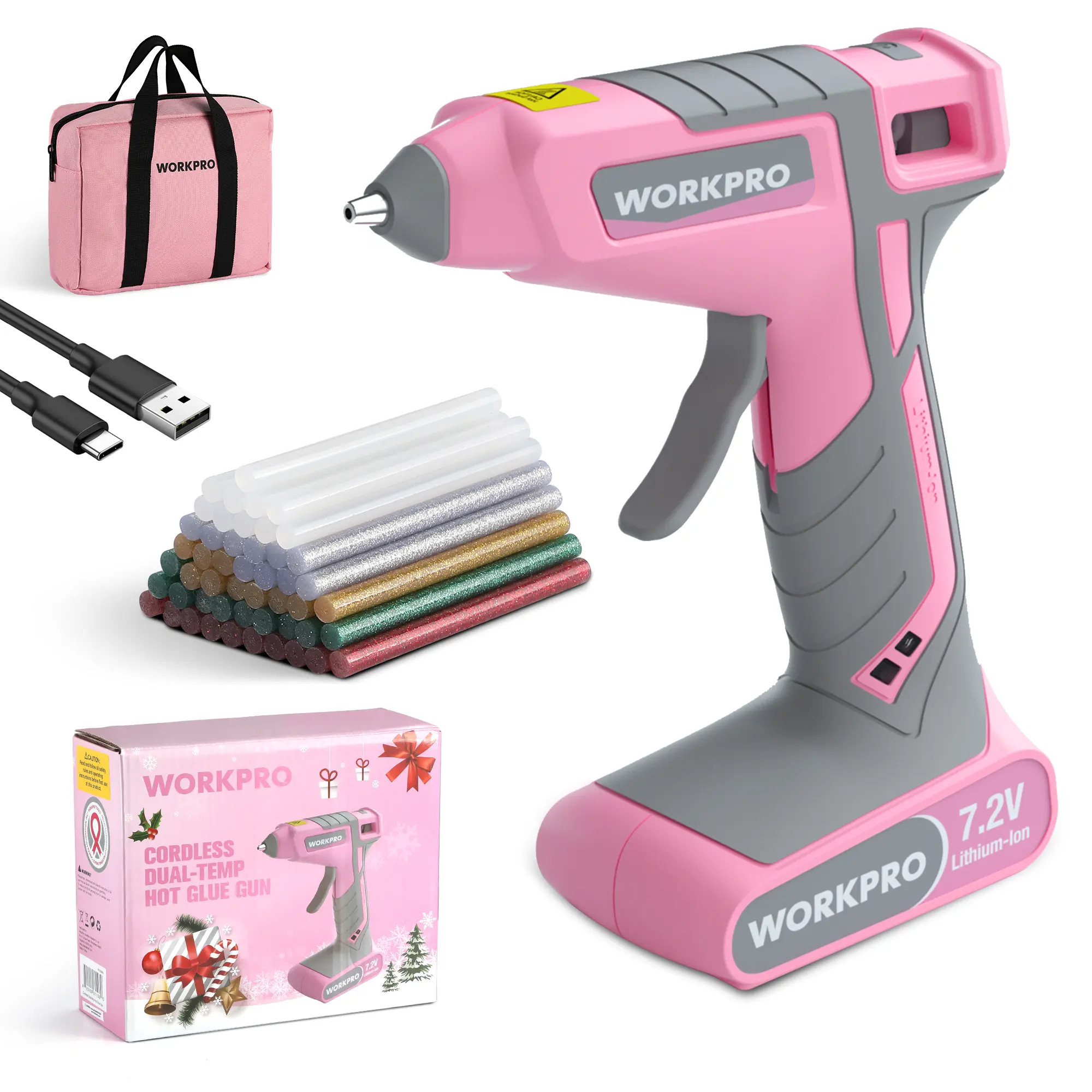 #summersale WORKPRO Cordless Hot Glue Gun, 7.2V Glue Gun with 50 Pcs Premium Mini Glue Sticks and Storage Bag, 2600mAh Type-C Rechargeable, Dual-Temp Hot Glue Gun Kit for DIY, Crafting and Arts