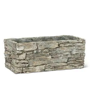 212 MAIN Grey Rectangular Cement Stack Stone Planter - 5x10 in. Medium Size, Stone Look, Sturdy Construction, Indoor Outdoor Garden Pot