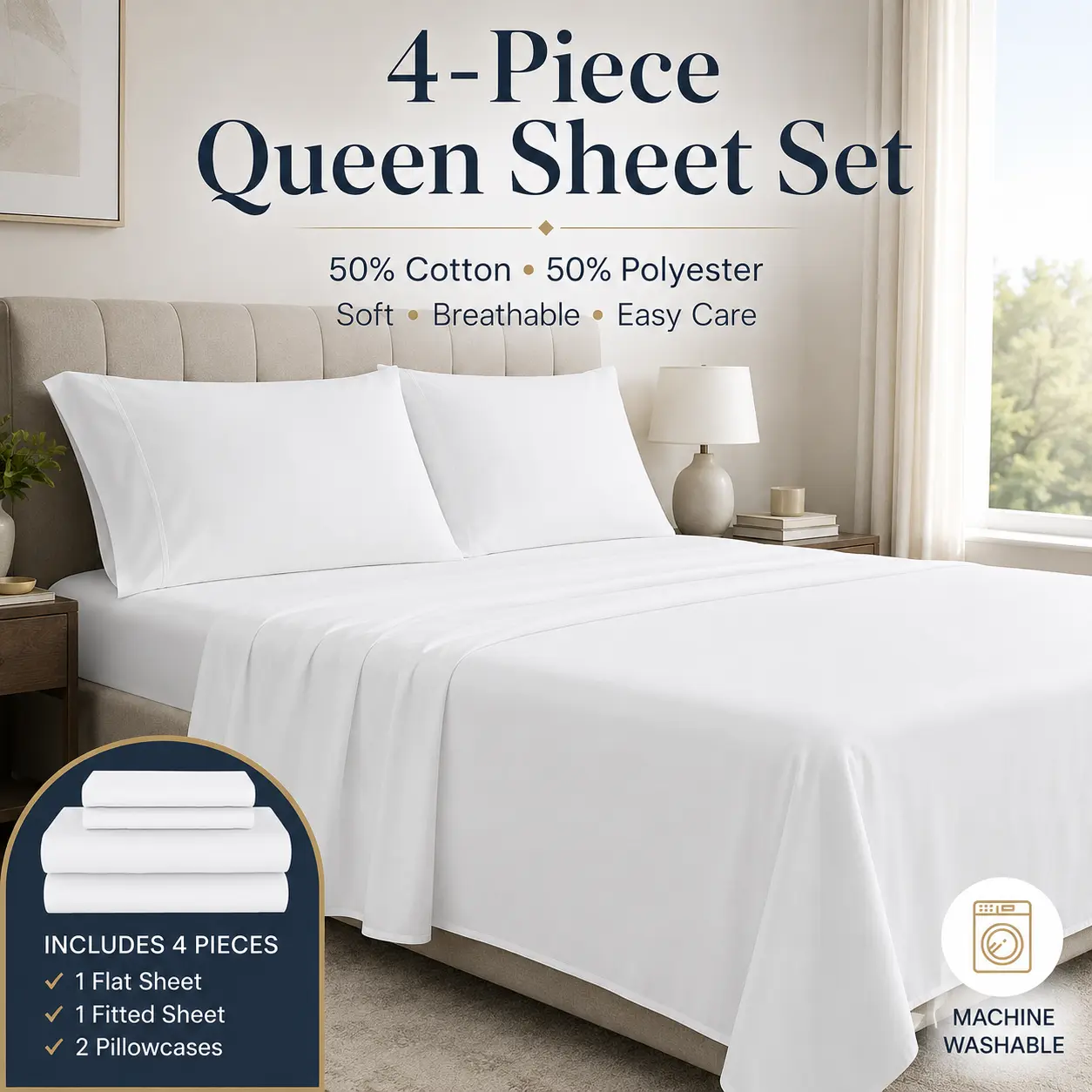 4Pcs Extra Deep Pocket Queen Sheet Sets - 100% Cotton and Polyester Sheets, Wrinkle Free, Breathable Cozy Bedsheets Set, Cotton Rich Percale Bedding Sheet Set