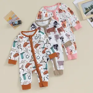 Newborn Infant Baby Boy Girl Zip Up Onesie Romper Cow Print Long Sleeve Bodysuit Jumpsuit Western Baby Clothes 0-12M