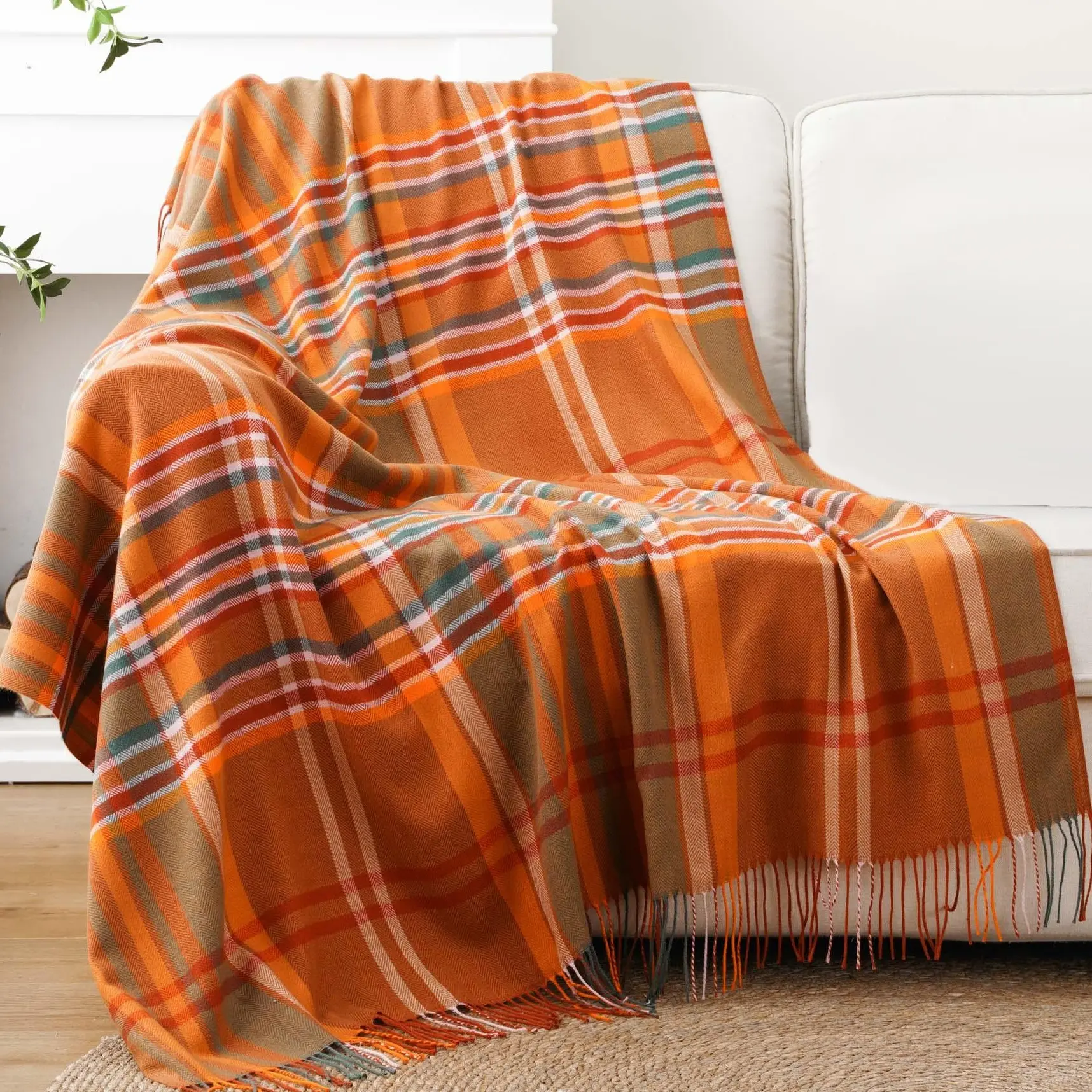 Battilo I   Orange Plaid Throw Blanket for Couch - Fall Throw Blanket - Lightweight Buffalo Plaid Blanket Throw,Home Decor, Fall Decor