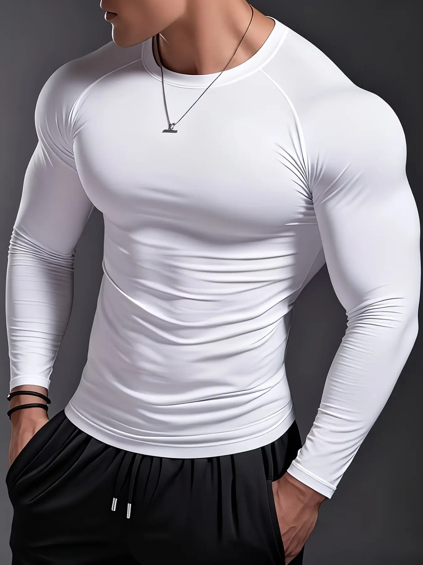 Men's European Style Tight Fitness Long Sleeve T-Shirt, Activewear Tee, Elastic Breathable Sportswear, Sporty Plain Design, High Elasticity Quick-Dry Breathable Fabric, Ideal for Gym Training, All Season Activewear