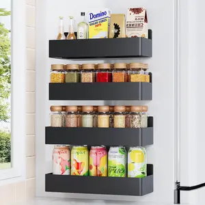 4 Pack Magnetic Spice Rack for Refrigerator, Kitchen Organizer and Storage Shelf, Black