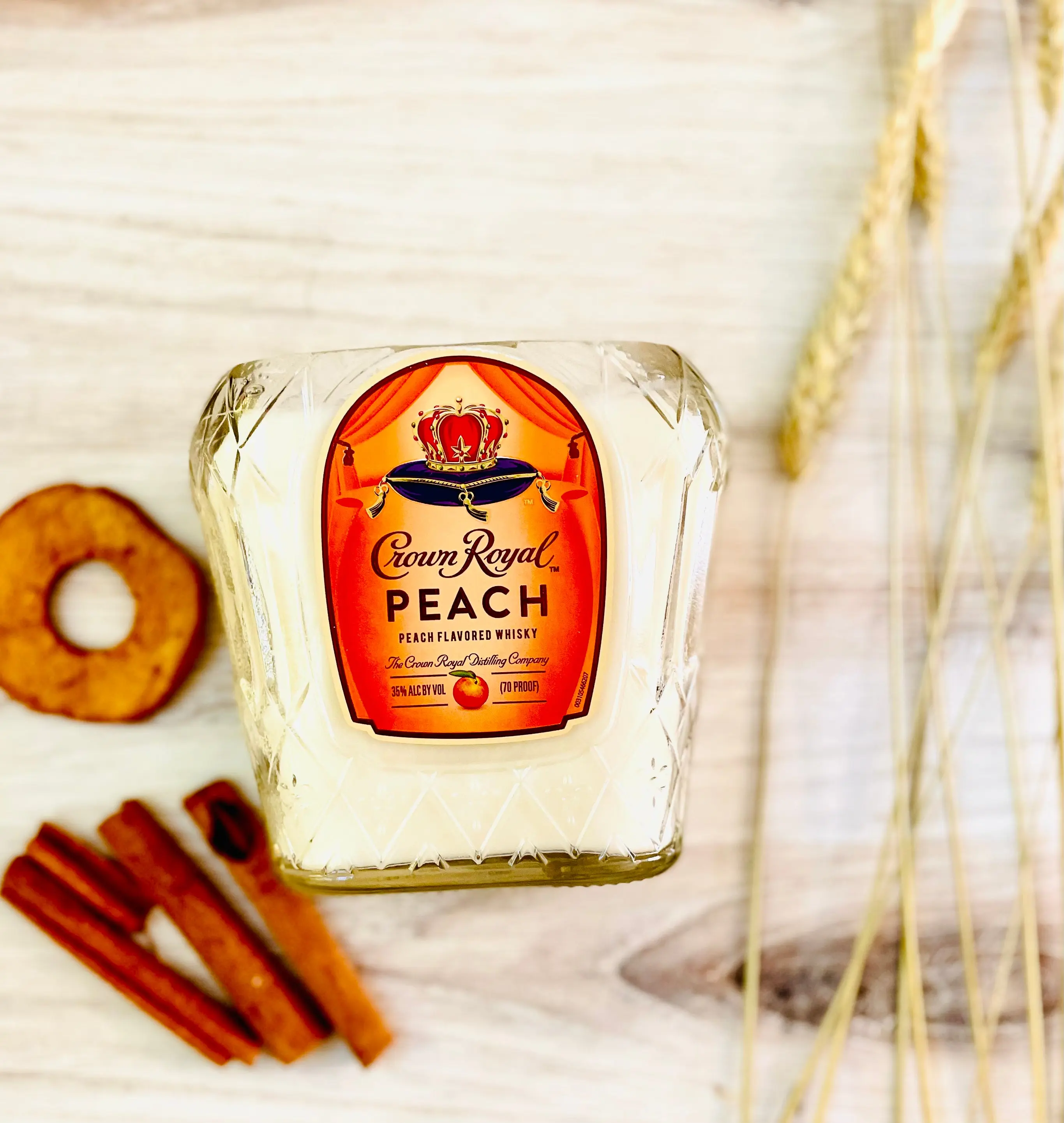 Peach whiskey candle Crown Royal Peach Bottle liquor bottle candle Wood wick soy wax Peach Whisky Scented Decor Fragrance