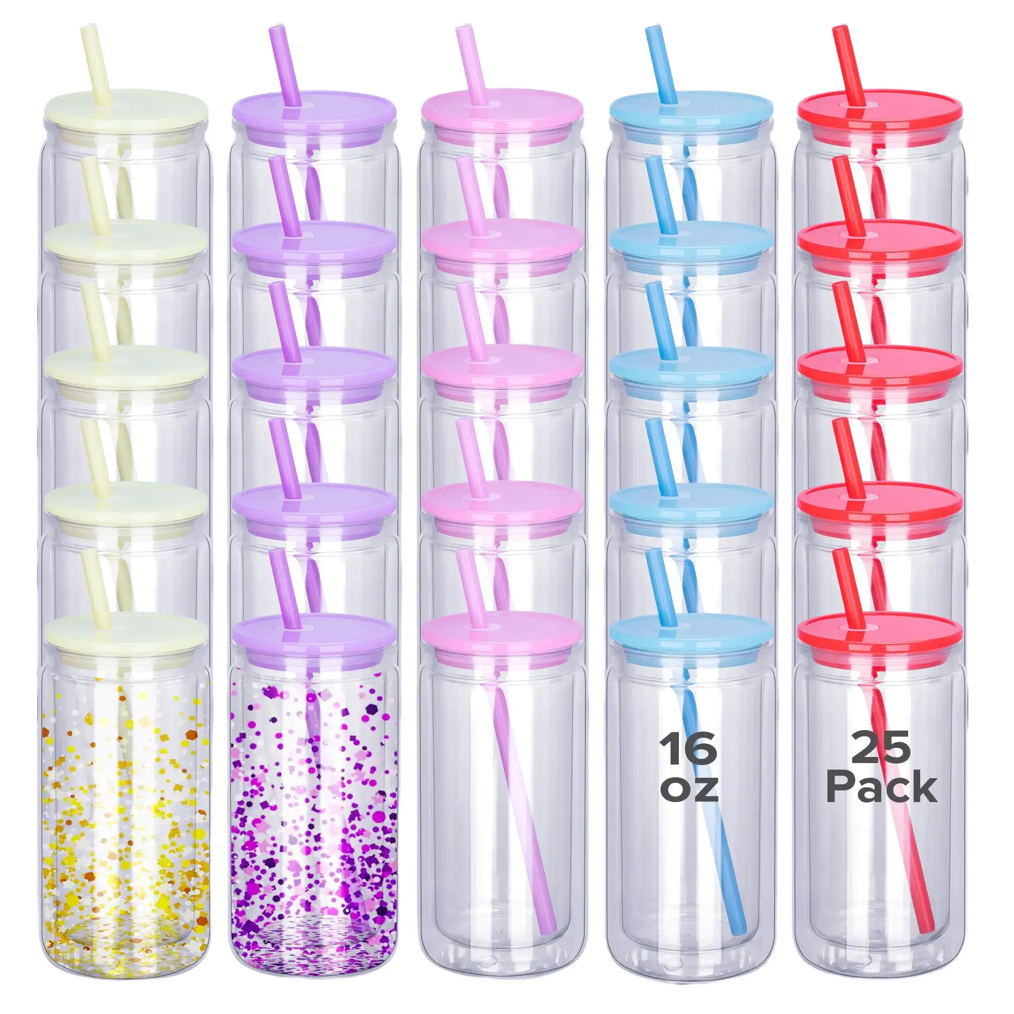FASTSUB Snow Globe Tumbler Cup Set - 25-Pack 16 oz Lightweight BPA and Lead Free Double Wall Acrylic Tumbler Water Bottles with Lid, Portable for Bags, Reusable for UV DTF DIY Projects for Crafters, Custom Event Collections, Drink, 16Oz
