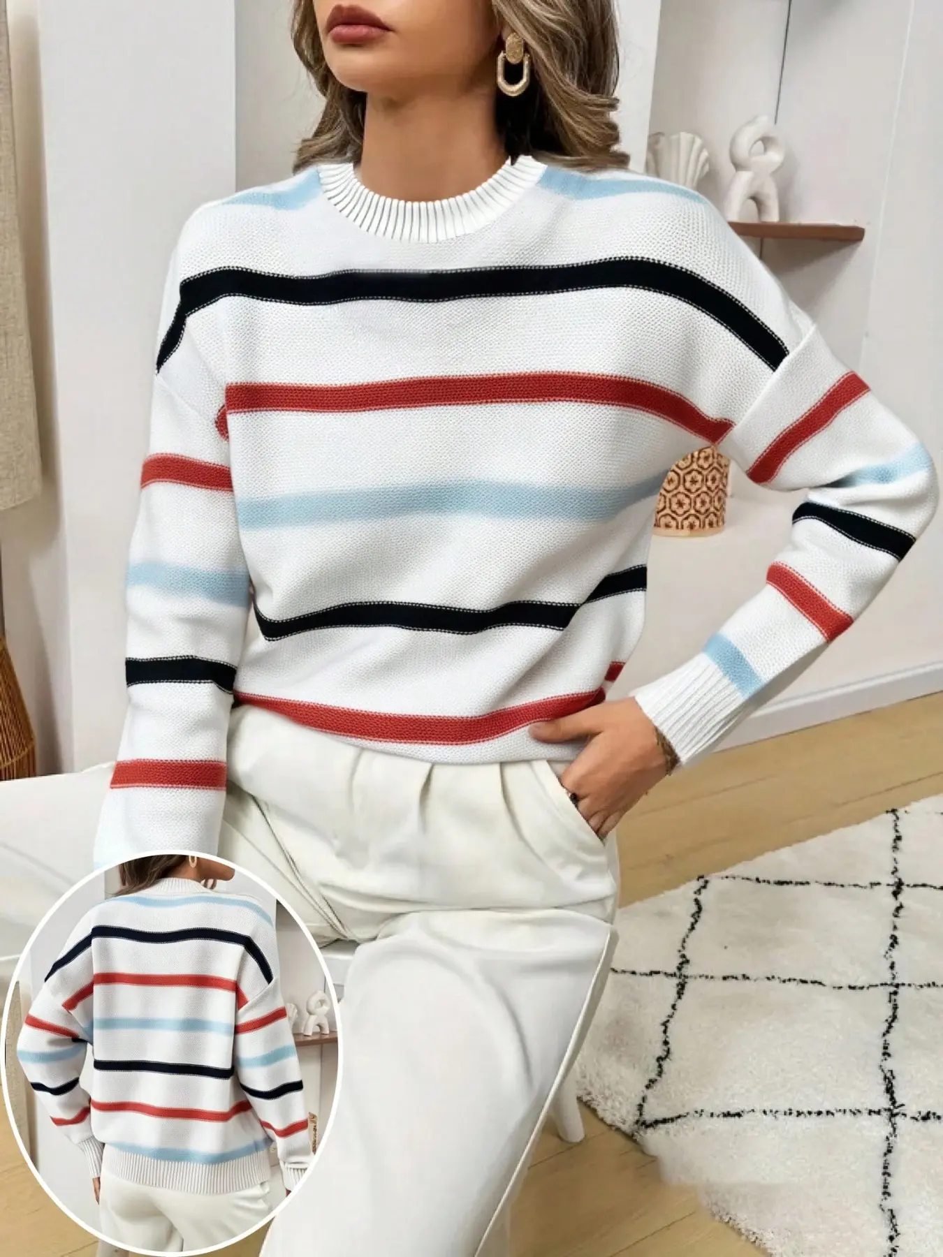 Women's Fall Winter Plus Size Round Neck Pullover Knit Sweater, Colorblock Striped Design, Casual Fashion for Daily Wear