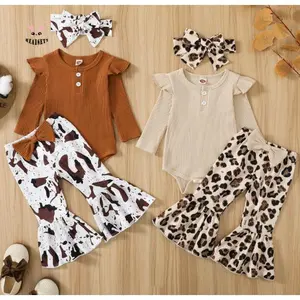 Infant Girls Autumn 2Pcs Jumpsuit Set Cotton Blend Ribbed Fly Sleeve Romper Leopard & Cow Print Flare Pants Solid Color