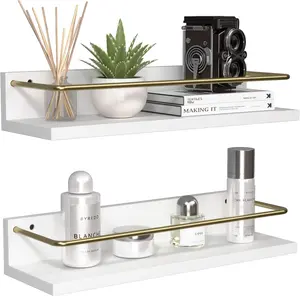 Floating Shelves with Metal Gold Guardrail, Wall Mounted Bathroom Shelf for Wall Decor Set of 2, Modern White Wall Storage Shelves for Bedroom, Bathroom, Kitchen, Living Room - White & Gold
