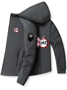 Men's Fashion Jacket with Demon Slayer Logo, Casual Hooded Design, Zip Pockets, Polyester Material, Spring & Fall Outerwear