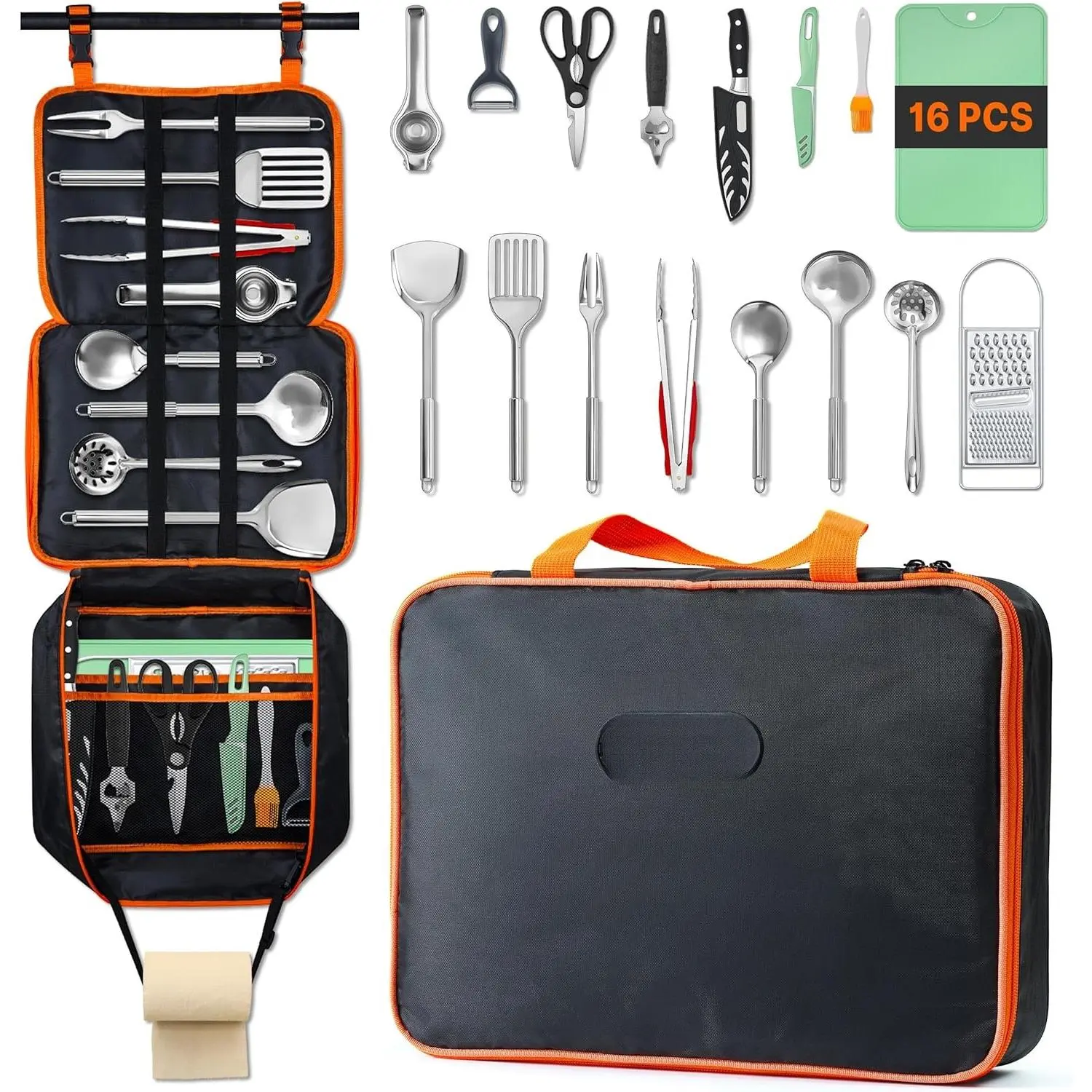 Camping Cooking Utensil Set 16 count (32 PCS) Camp Kitchen Utensils Kit with Organizer Case Bag, Portable RV Camping Cooking Essentials Accessories for Cookouts Stainless Steel Yifanyou Sports