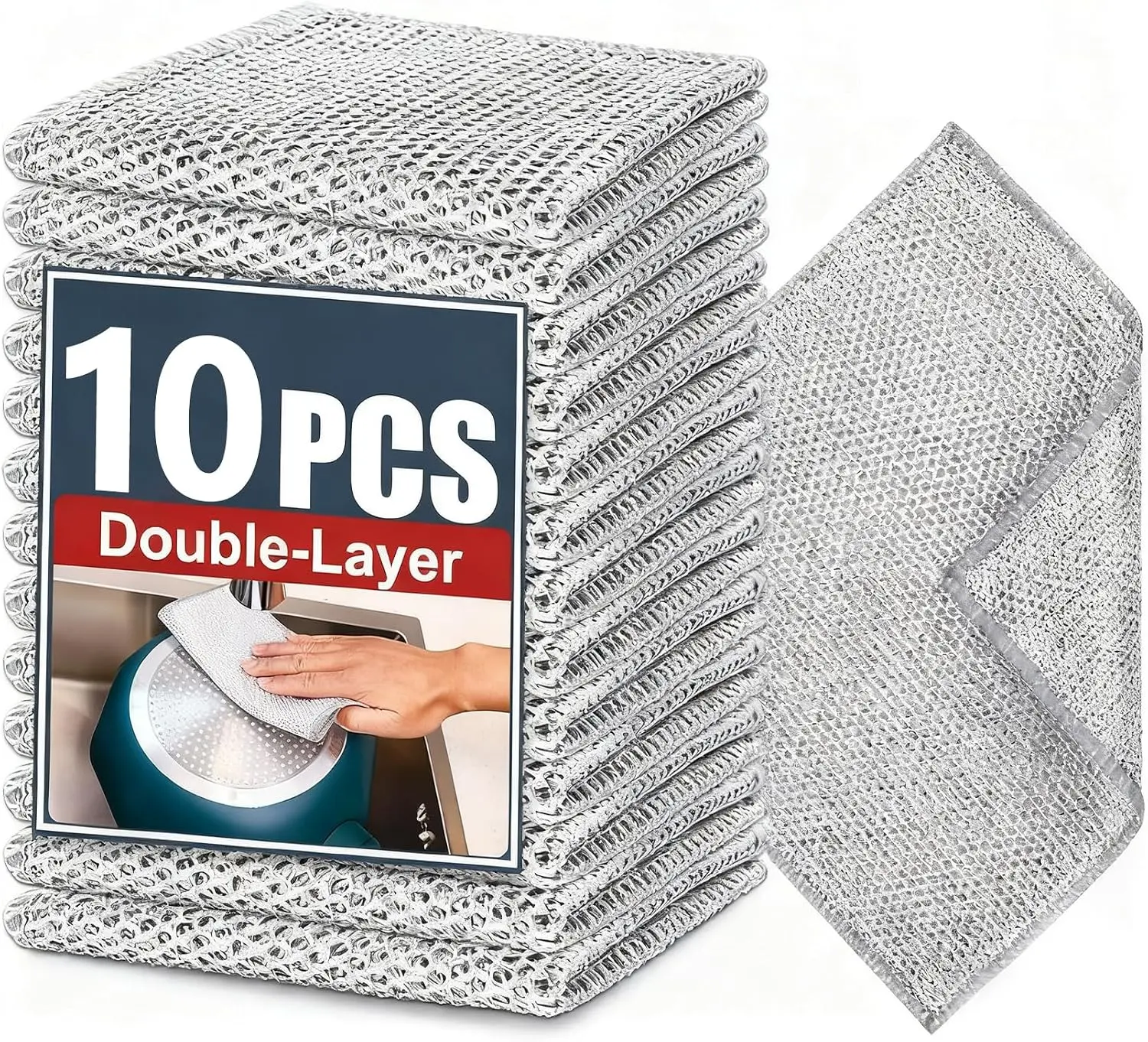 Double‑Layer Steel Wire Scouring Pads, Heavy‑Duty Non‑Scratch Mesh Cleaning Cloth Rag, Multi‑Purpose Silver Wire Dishcloth for Dishes, Pots and Pans